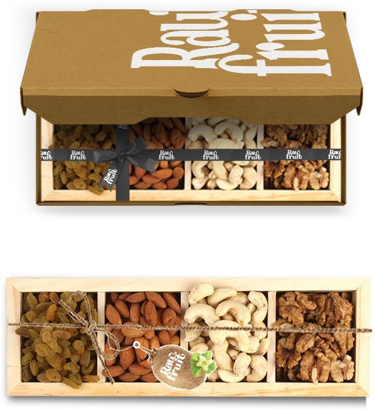 HyperFoods RawFruit Nut Mania 4 Dry Fruit Combo Wooden Gift Box | Premium Dried Fruit Berries Combo Gift Pack with Greeting Card | Thank you Gratitude Appreciation Gift for Boss Teacher Mentor Friends  (750 g)