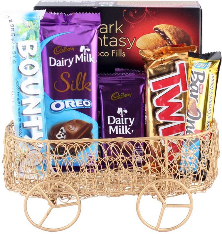SurpriseForU Chocolate Gift | Chocolates With Handcrafted Basket Gift Combo  (Metalcart-DairyMilk-Bounty-BarOne-Twix-Silk-DarkFantasy)