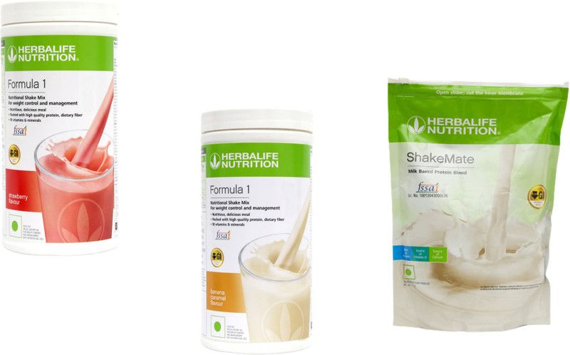 HERBALIFE FORMULA 1 NUTRITIONAL SHAKE MIX - STRAWBERRY & BANANA CARAMEL FLAVORWITH SHAKE MATE MILK POWDER - VANILLA FLAVOR FOR WEIGHT LOSS & MANAGEMENT COMBO PACK OF 3 PIECES Combo  (1500 Grams)