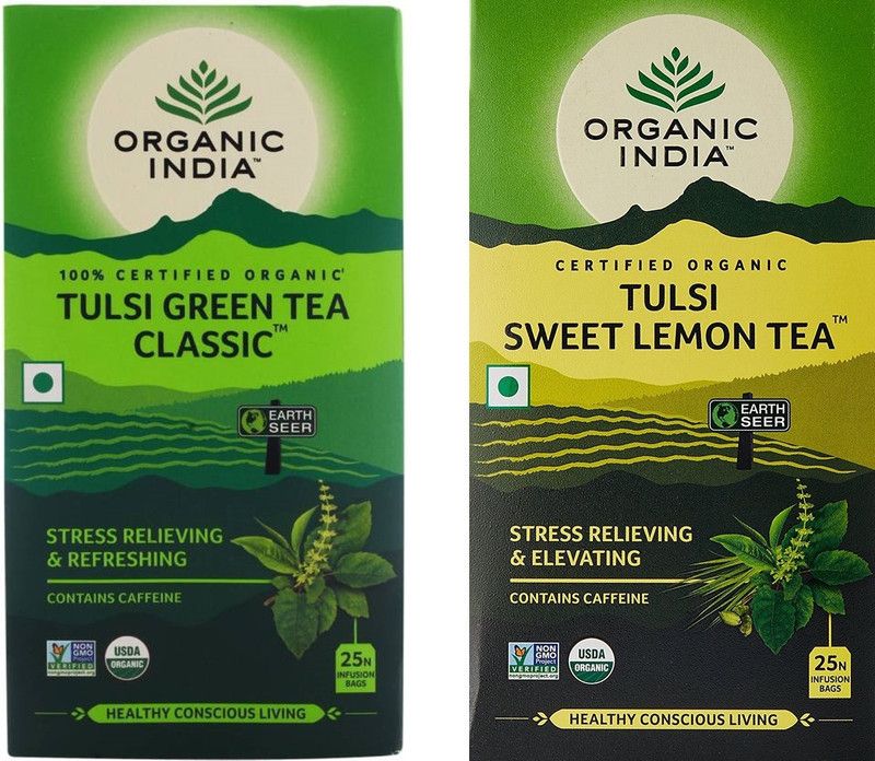 ORGANIC INDIA Tulsi Green Tea Classic 25 Tea Bag & Tulsi Sweet Lemon Tea 25 Tea Bag Lemon Tea Bags Box  (2 x 25 Bags)