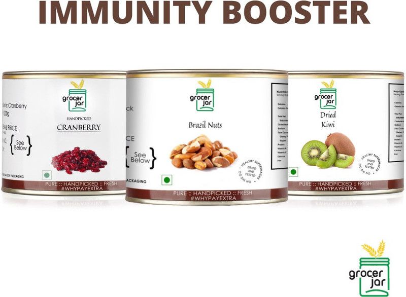 GROCERJAR DRY CRANBERRY | DRY KIWI | BRAZIL NUTS IMMUNITY BOOSTER PACK Brazil Nuts, Cranberries, Kiwi  (3 x 200 g)