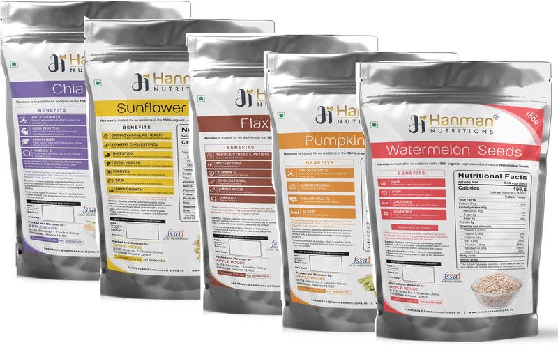 Hanman Nutritions Chia Seeds, Flax Seeds, Pumpkin Seed, Sunflower Seed, Watermelon Seeds  (500 g, Pack of 5)