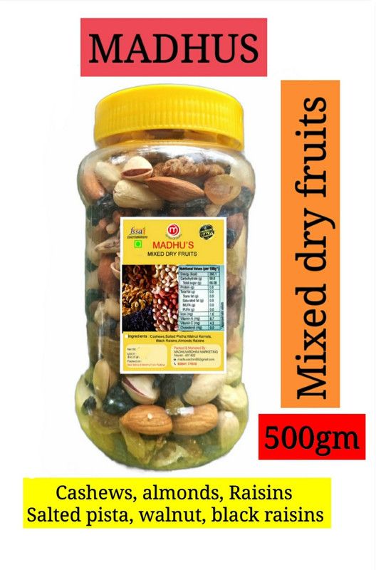 Madhus Mixed dry fruits 500gm (cashews almonds salted pistha raisins black raisins walnut kernels 500gm) Cashews, Almonds, Pistachios, Raisins, Walnuts  (500 g)