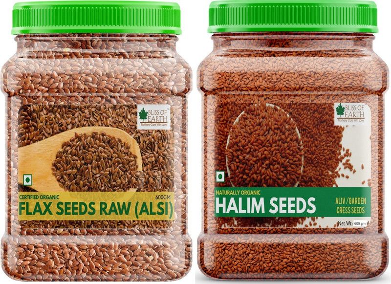 Bliss of Earth Combo Of Certified Organic Flax Seeds And Halim Seeds for Eating, Aliv Seeds for Hair & Immunity Booster Foods 2x600gm (Pack Of 2) Brown Flax Seeds, Garden Cress Seeds  (1200 g, Pack of 2)