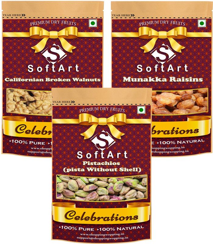 Soft Art Dry fruits combo of Broken Walnuts, Munakka & Pista Kernel (100g Each) Walnuts, Raisins, Pistachios  (3 x 100 g)