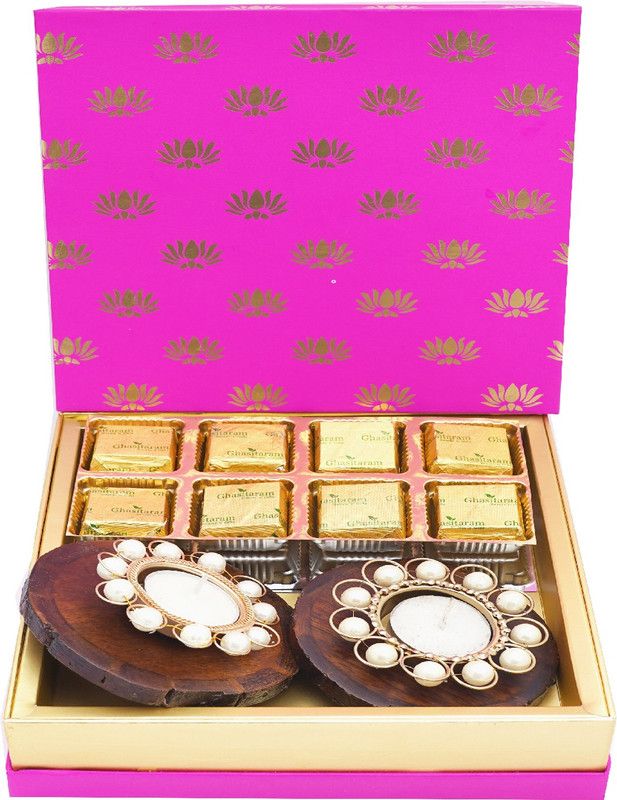 Ghasitaram Gifts Sweets-Festive Pink Box of Mewa Bites, 2 wooden Coasters and 2 T-lites Combo  (Mewa Bites (200 gms), 2 T-lites, 2 Wooden Coasters)