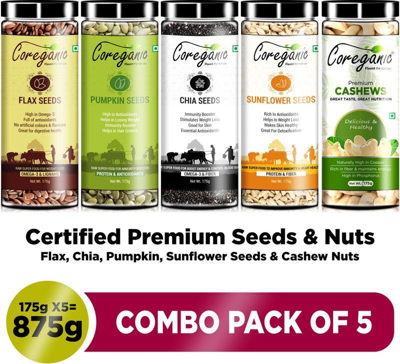 Coreganic Certified Raw Edible Seeds & Nuts Family pack (Flax,Chia,Pumpkin,Sunflower & Cashew) Chia Seeds, Brown Flax Seeds, Pumpkin Seeds, Sunflower Seeds  (875 g, Pack of 5)