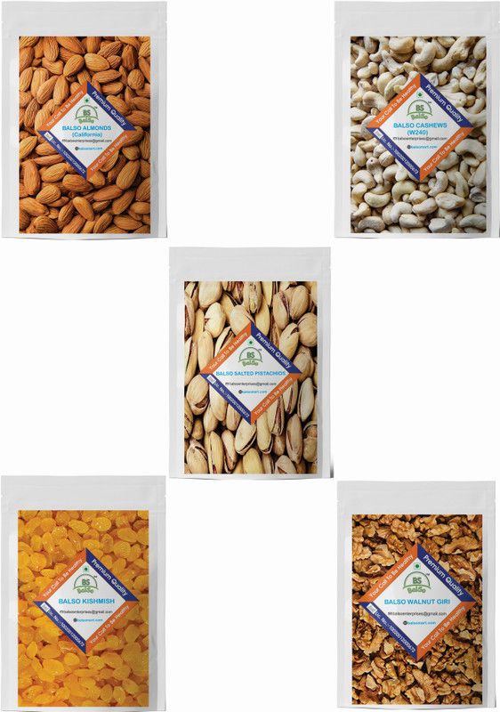 BalSo Almonds (125g) Cashews (125g) Pista (125g) Kishmish (125g) Walnut Giri (125g) Almonds, Cashews, Pistachios, Raisins, Walnuts  (5 x 135 g)