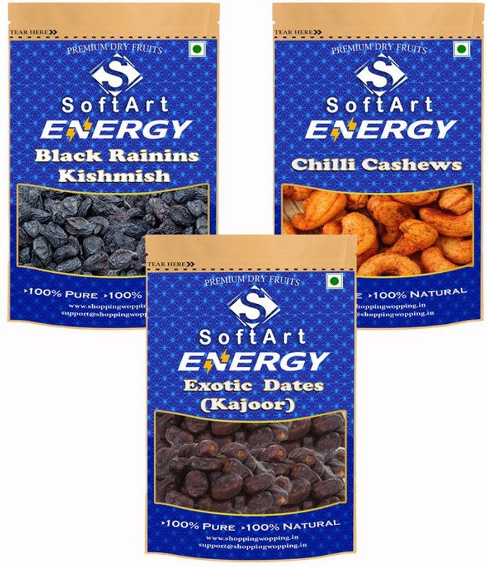 Soft Art Dry fruits combo of Black Kishmish,Chilli Kaju,khajoor (100g Each) Raisins, Cashews, Dates  (3 x 100 g)