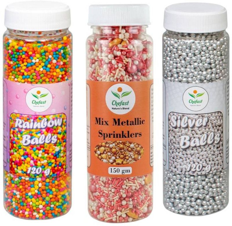 Chefast Pack of 3 Color Rainbow Ball (120g), Silver Ball (120g) & Mix Metallic Pink Sprinkles(150g) Candy Sprinkles Mix Baking Edible Cake Decorations Cupcake Toppers Cookie Dragees  (390 g, Pack of 3)