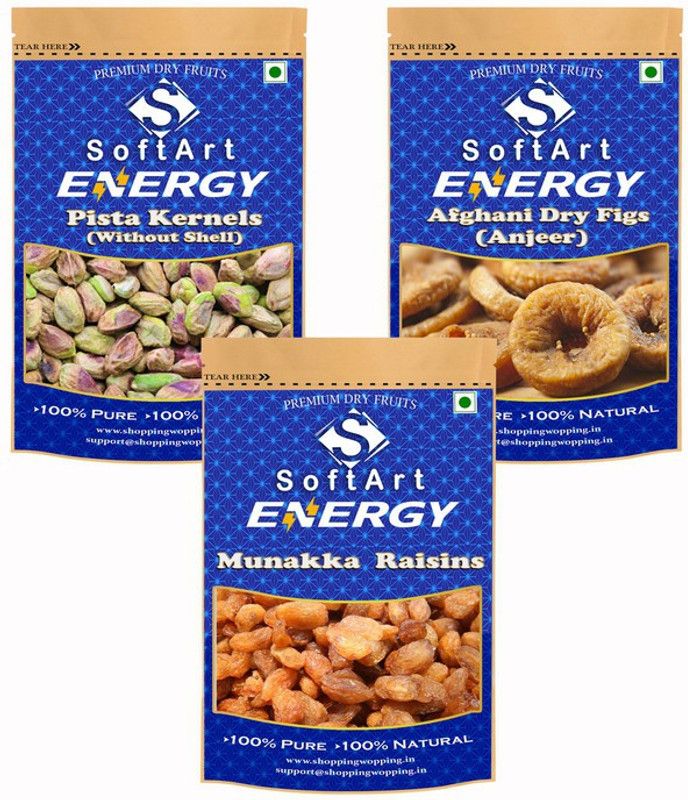 Soft Art Dry fruits combo of Pista Kernels,Anjeer,Munakka (100g Each) Pistachios, Figs, Raisins  (3 x 100 g)