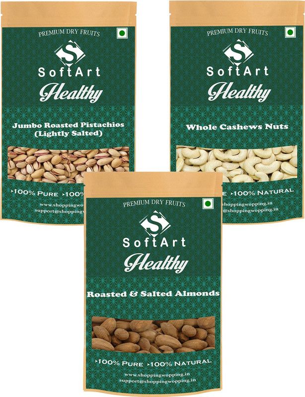 Soft Art Jumbo Roasted Pistachios, Whole Cashews Nuts & Roasted & Salted Almonds (250g Each) Vaccum Pack Pistachios, Cashews, Almonds  (3 x 250 g)