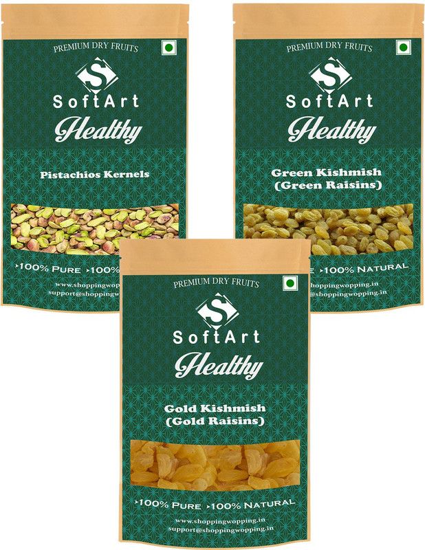 Soft Art Pistachios Kernels, Green Kishmish (Green Raisins) & Gold Kishmish (Gold Raisins) (250g Each) Vaccum Pack Pistachios, Raisins  (3 x 250 g)