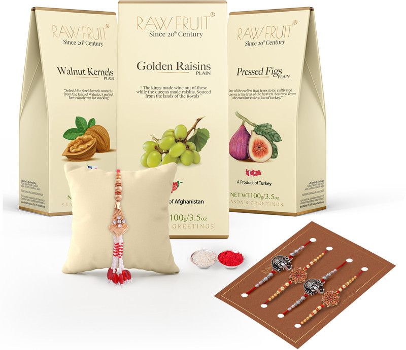 HyperFoods Rakhi pack of 5 with DryFruit combo gift hamper Raisins Walnut Figs Combo  (Figs -100g, Walnut -100g, Raisins -100g)