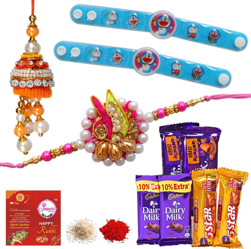 Jaipuri Shop 4 Cadbury Dairy Milk and 5 Star Hamper With Multicolor Fancy Bhaiya-Bhabhi With Doraemon Kids 4 Rakhi Set Combo  (7)