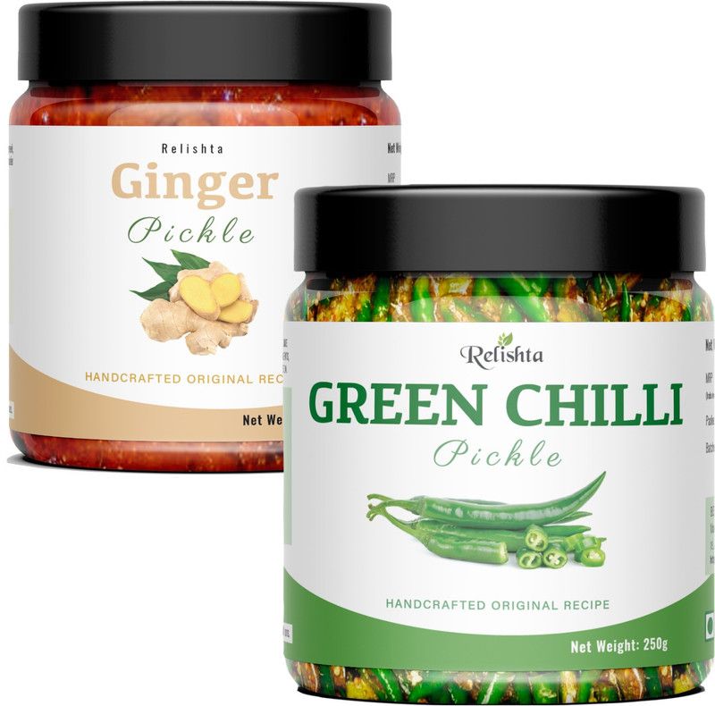 Relishta Green Chilli & Ginger Pickle Hari Mirch Achar (4x250G) Premium Less Oil Homemade Green Chilli Pickle  (2 x 250 g)