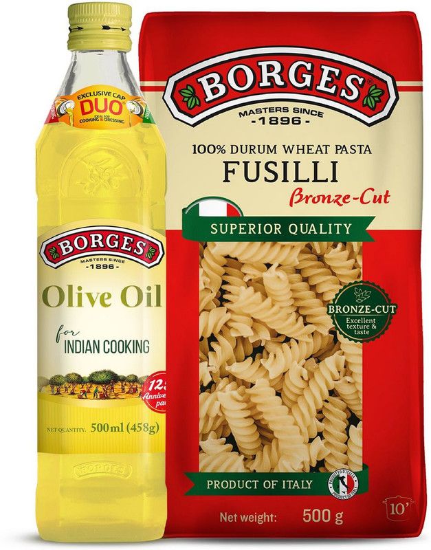 BORGES Extra Light Olive Oil, Healthy Cooking Olive Oil 500ml & Durum Wheat Pasta Fusilli Pasta  (Pack of 2, 500 g)