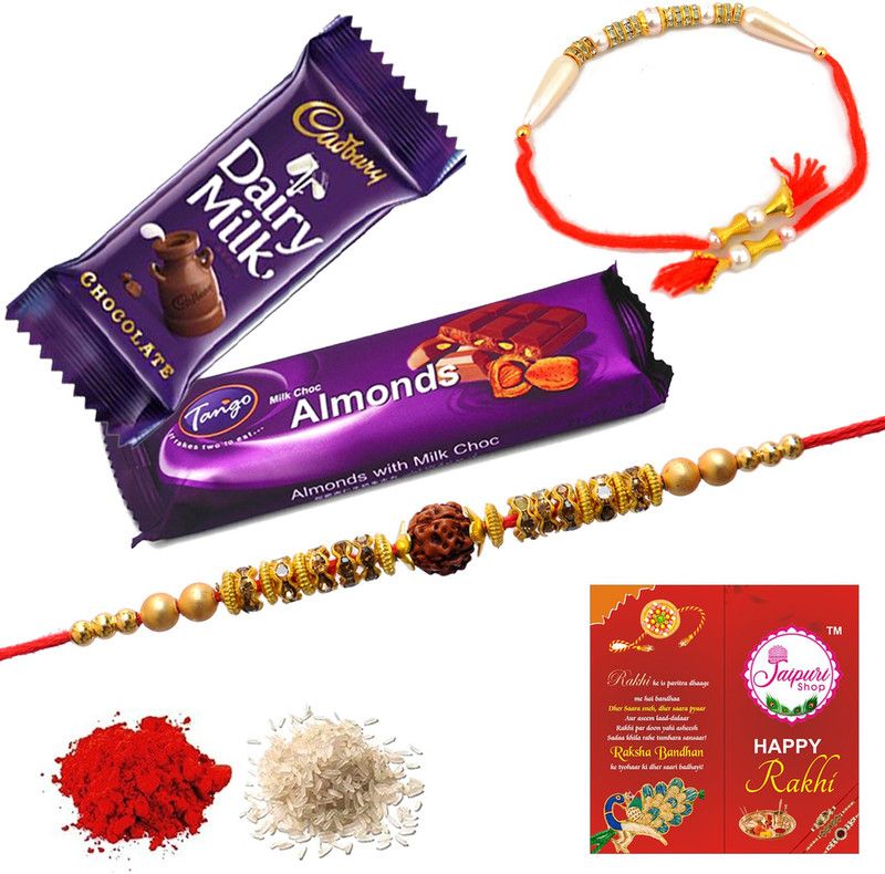Jaipuri Shop Cadbury Dairy Milk 20Gm & Tango Almonds 20Gm Chocolate With Multicolor Traditional Bhaiya-Bhabhi 2 Rakhi Set Combo  (4)