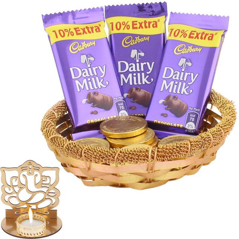 SurpriseForU Golden Wishes With Dairy Milk & Gold Coin Chocolates | Diwali Gift | Shadow Ganesh Diya | Diwali Chocolate Hamper Combo  (1 Golden Katory , 3 Dairy Milk (13.2g) , 5 Gold Coin Chocolates , 1 Shadow Ganesh Diya)