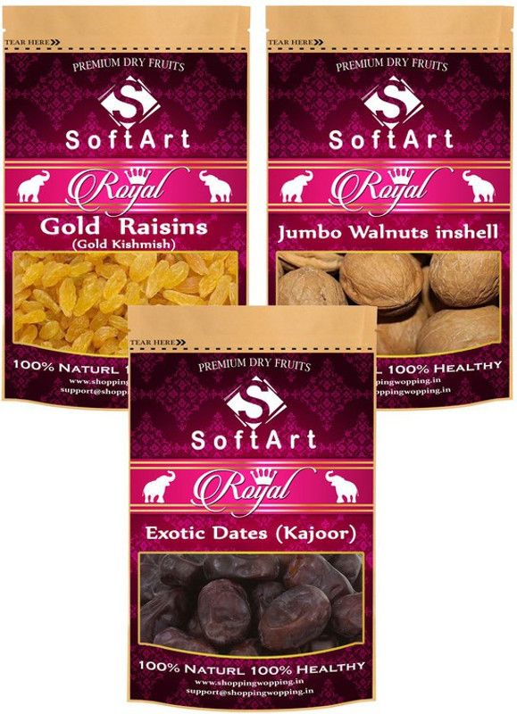Soft Art Dry fruits Combo of Royal Gold Kishmish,Walnut in Shell,khajoor (100g Each) Raisins, Walnuts, Dates  (3 x 100 g)