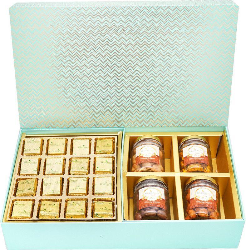 Ghasitaram Gifts Sweets-Green Big Box of Mewa Bites Bites and Cashews Jars Combo  (Mewa Bites 400gms, Chocolate Coated Cashews (120 gms), Crunchy Coated Cashews (120 gms), Garlic Cashews (120 gms), Roasted Cashews (120 gms))