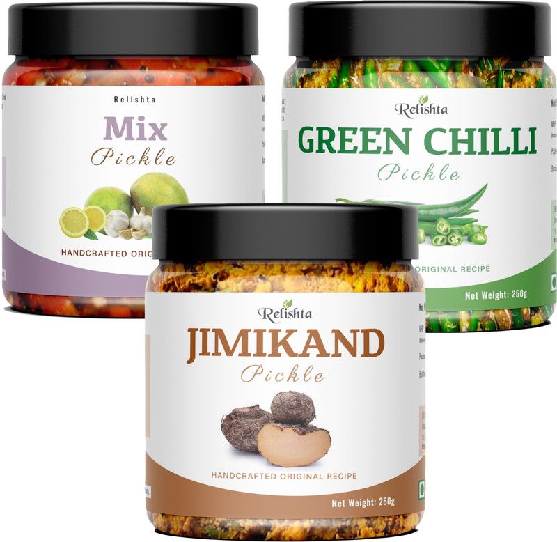 Relishta Jimikand Mixed & Green Chilli Pickle Achar Combo (3x250G) Less Oil Homemade Mixed Vegetable Pickle  (3 x 250 g)