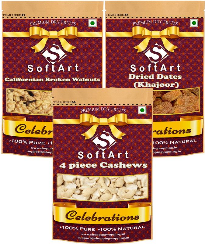 Soft Art Dry fruits combo of Broken Walnuts, yellow Dates & 4 pcs Kaju (100g Each) Walnuts, Dates, Cashews  (3 x 100 g)