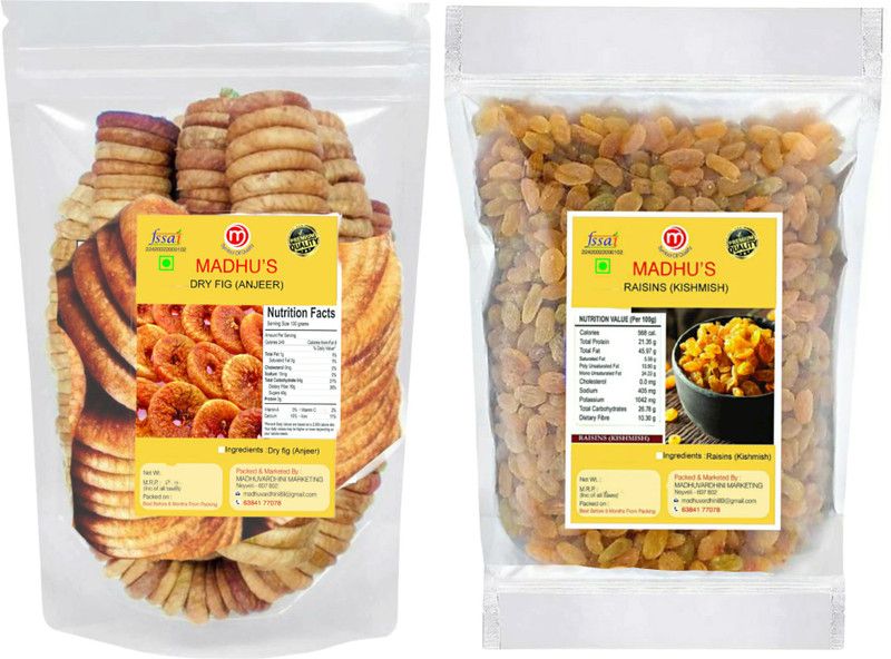 Madhus Fig 500gm raisins 500gm (fig yellow raisins 1kg) anjeer 500 raisins 500 Figs, Raisins  (2 x 0.5 kg)