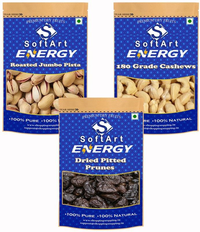 Soft Art Dry fruits combo of Jumbo Pista,180 Kaju,Prunes (100g Each) Pistachios, Cashews, Prunes  (3 x 100 g)