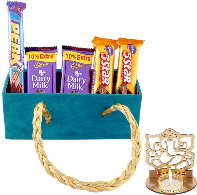 SurpriseForU Chocolate Gift Hamper With Beautiful Wooden Basket | Diwali Gift | Shadow Ganesh Diya | Diwali Chocolate Hamper Combo  (1 Basket , 2 Dairy Milk (13.2g) , 1 Perk (13g) , 2 5Star (25g). , 1 Shadow Ganesh Diya)