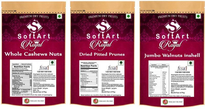 Soft Art Dry fruits Combo of Royal Kaju,Prunes,Walnut in Shell (100g Each) Cashews, Prunes, Walnuts  (3 x 100 g)