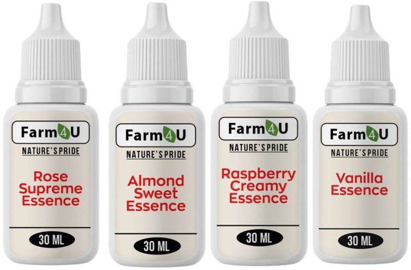 Farm4u Pack of 4 Baking Cake Essence Flavour of Vanilla , Rose , Raspberry , Almond for Cake, Ice-Cream,Milkshakes,Indian Sweets(Each 30ml) ( Use 2-3 Drops Essence for 250 Grm Cake) Vanilla Liquid Food Essence  (120 ml)