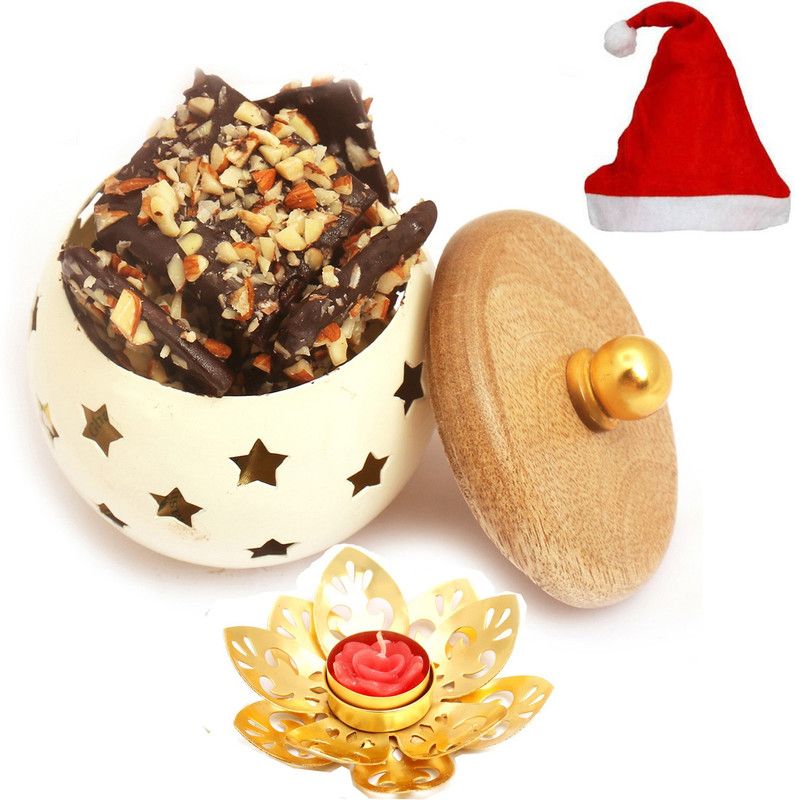 Ghasitaram Gifts Christmas-White Wooden English Brittles Jar with Metal T-Lite Combo  (100g)