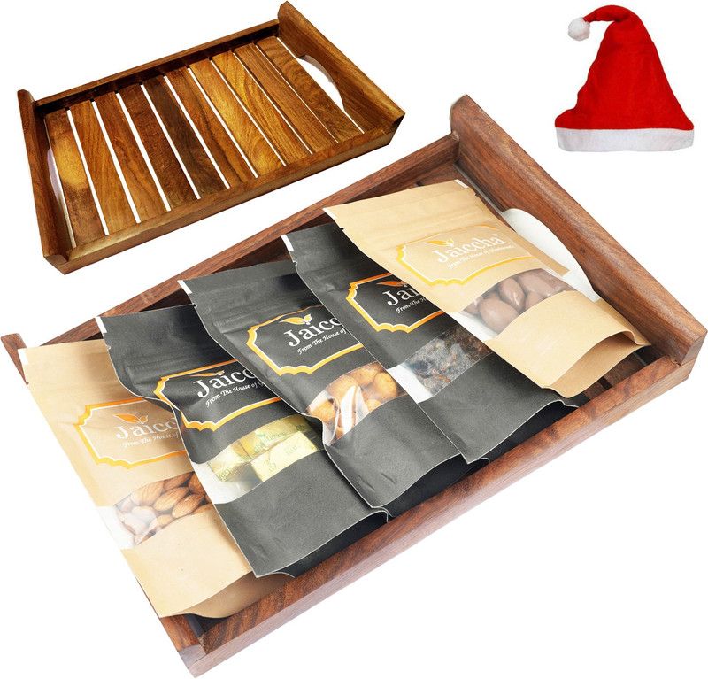 Jaiccha Christmas Gift-Striped Big Wooden Tray of Almonds, Mewa Bites,Banarsi Paan, Crunchy Coated Cashews and Choco Almonds Combo  (500g)