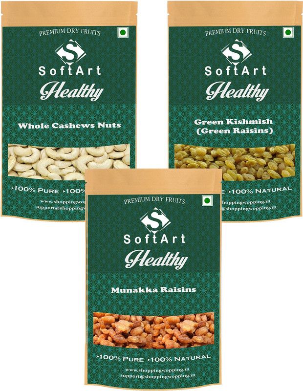 Soft Art Whole Cashews Nuts, Green Kishmish (Green Raisins) & Munakka Raisins (250g Each) Vaccum Pack Cashews, Raisins  (3 x 250 g)