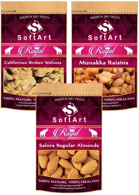 Soft Art Dry fruits combo of Broken Walnuts,Munakka,Salora Regular (100g Each) Walnuts, Raisins, Almonds  (3 x 100 g)