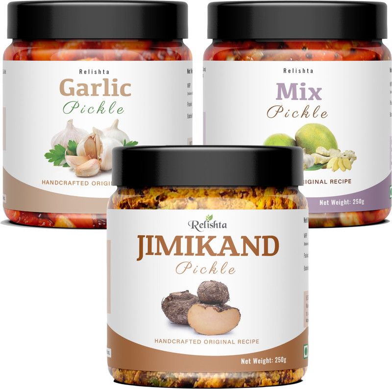 Relishta Jimikand Garlic & Mixed Pickle Suran Ka Achar Combo (3x250G) Less Oil Homemade Mixed Vegetable Pickle  (3 x 250 g)