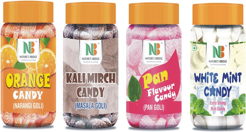 Nature's Bridge Sweet Candy (Orange, Pan, Kalimirch Masala, Pudina Flavour) Combo Jar Pack of 4 each 200 Gm / Orange Candy / Pan Candy / Kalimrich Masala Candy Pudina Candy Orange, Pan, Masala, Pudina, Mint Candy  (4 x 0.2 kg)