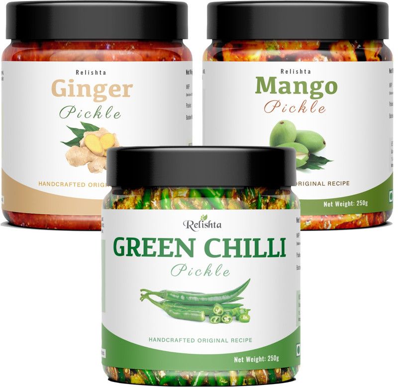 Relishta Green Chilli Ginger & Mango Pickle Hari Mirch Achar (4x250G) Less Oil Homemade Green Chilli Pickle  (3 x 250 g)