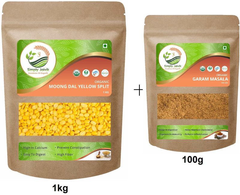 Simply Jaivik Moong Dal Yellow Split 2000g- Green Gram Moong Dal Yellow With 100g Garam Masala Combo  (2kg Moong Dal_100g Garam Masala)