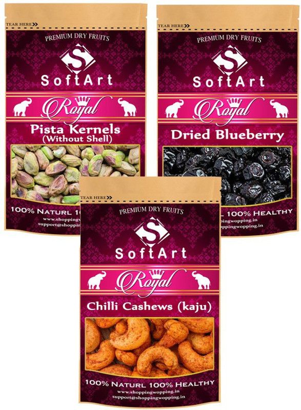 Soft Art Dry fruits combo of Pista Kernels,Blueberry,Chilli Kaju (100g Each) Pistachios, Blueberry, Cashews  (3 x 100 g)