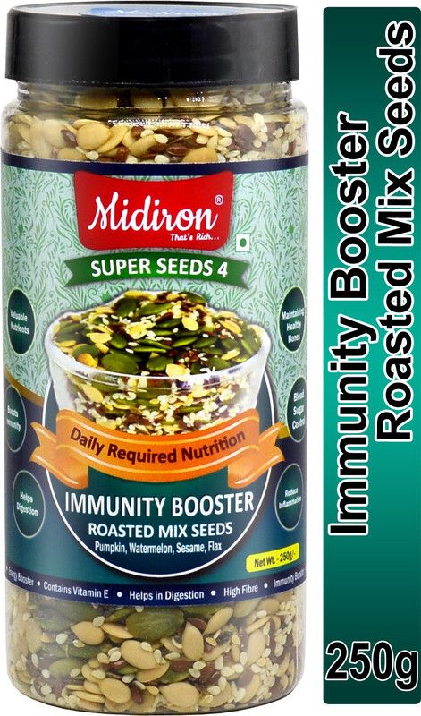 Midiron Roasted Healthy Seed, Immunity Booster, Mixture Pack 4-in1, (Pumpkin, Watermelon, Sesame, Flax) (250gm) Pumpkin Seeds, Sesame Seeds, Brown Flax Seeds, Watermelon Seeds  (250 g)