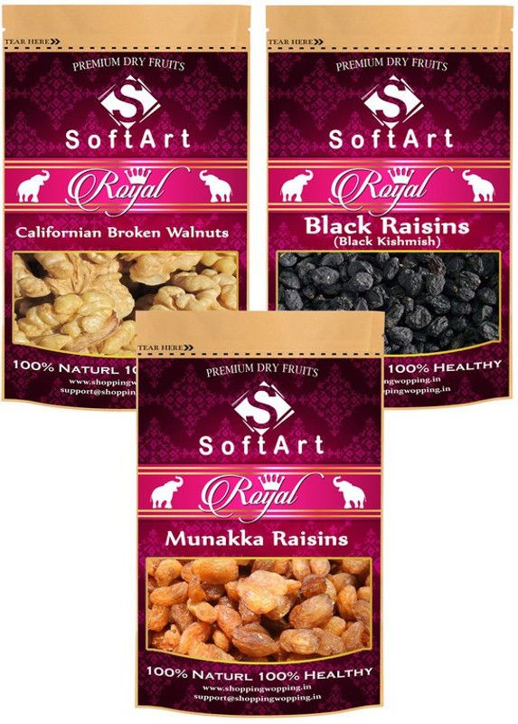 Soft Art Dry fruits combo of Broken Walnuts,Black kishmish,Munakka (100g Each) Walnuts, Raisins, Raisins  (3 x 100 g)