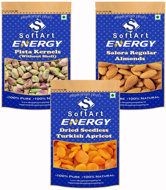 Soft Art Dry fruits combo of Pista Kernels,Salora Regular,Turkish Apricot (100g Each) Pistachios, Almonds, Apricots  (3 x 100 g)
