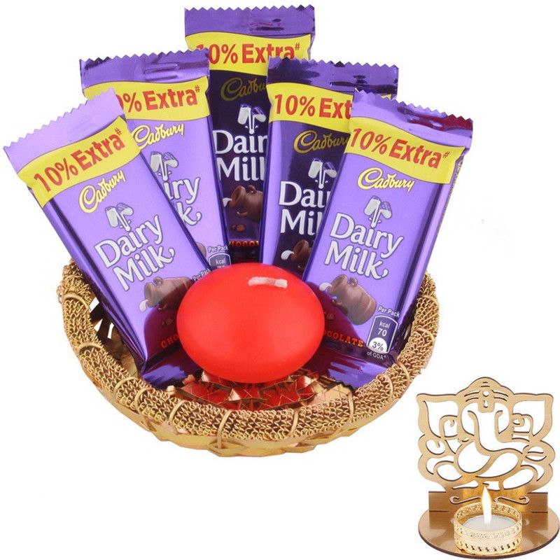 SurpriseForU Dairy Milk Chocolate Surprise To Gift | Diwali Gift | Shadow Ganesh Diya | Diwali Chocolate Hamper Combo  (1 Golden Katory , 1 Candle , 5 Dairy Milk , 1 Shadow Ganesh Diya)
