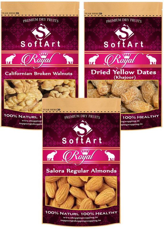 Soft Art Dry fruits combo of Broken Walnuts,Yellow Dates,Salora Regular (100g Each) Walnuts, Dates, Almonds  (3 x 100 g)