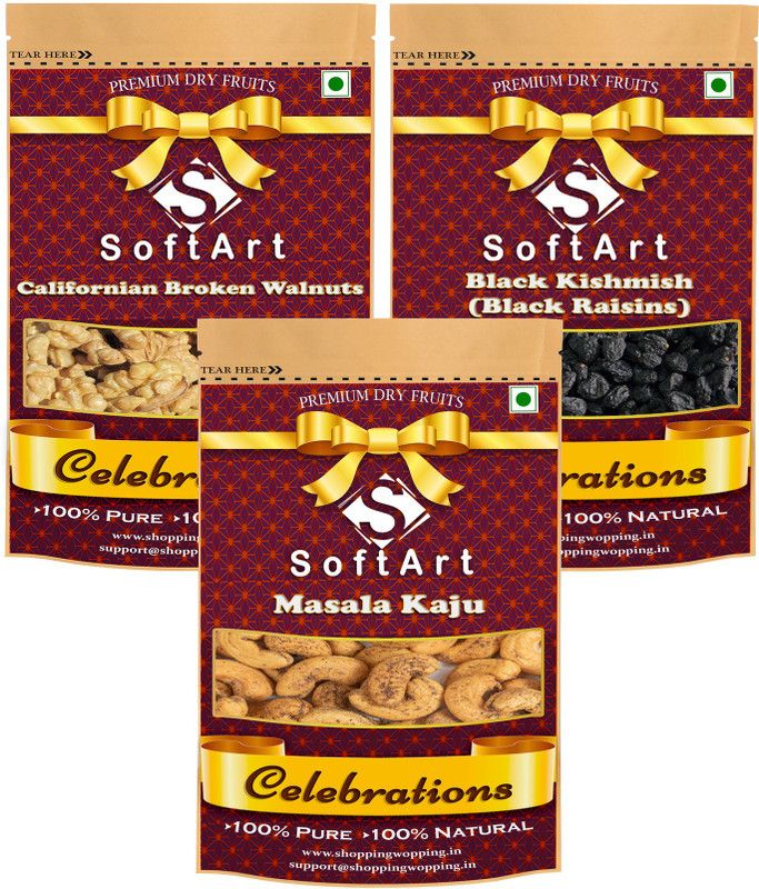 Soft Art Dry fruits combo of Broken Walnuts, Black Kishmish & Masala Kaju (100g Each) Walnuts, Raisins, Cashews  (3 x 100 g)