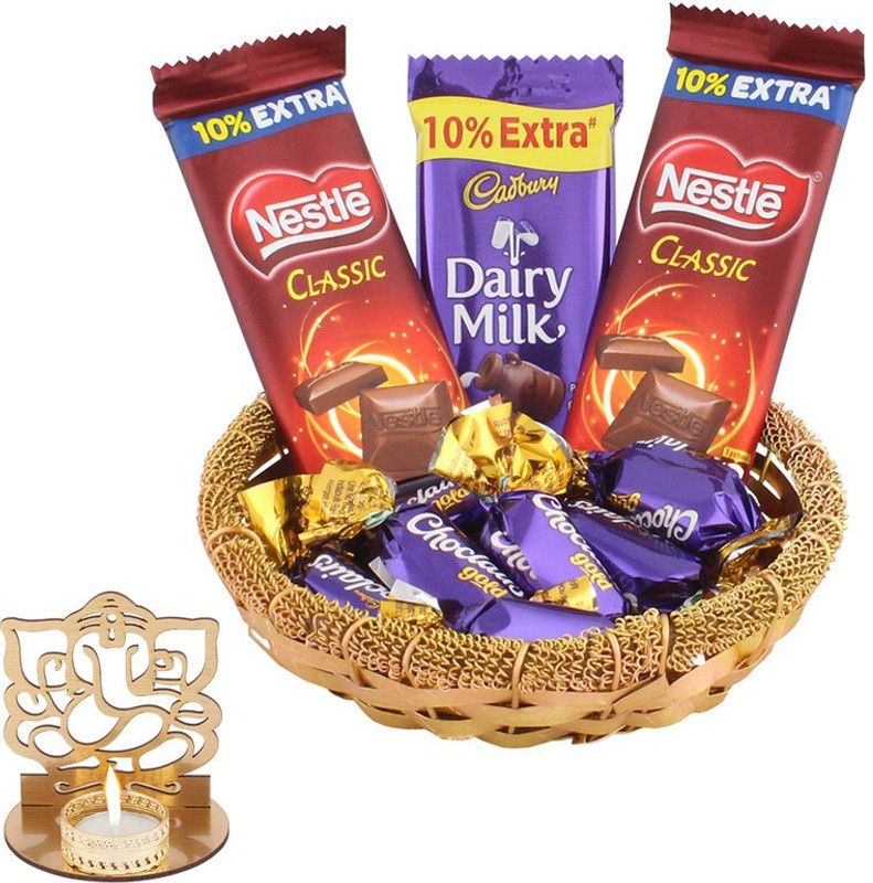SurpriseForU Blessing Chocolate Gift For Diwali And New Year | Diwali Gift | Shadow Ganesh Diya | Diwali Chocolate Hamper Combo  (1 Golden basket , 2 Nestle Classic (18g) , 1 Dairy Milk (13.2g) , 5 Choclairs , 1 Shadow Ganesh Diya)