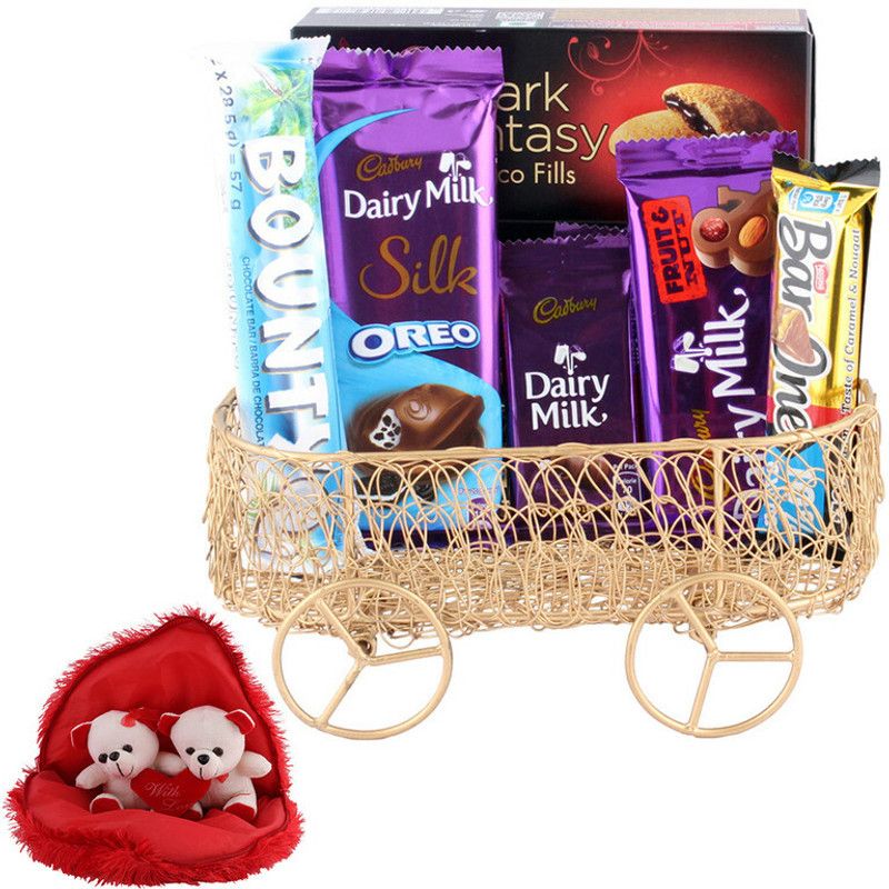 SurpriseForU Combo Of Dairy Milk Silk Gift for her | Couple Teddy Bear In Heart Shape Pillow Combo  (Chocolates And Teddy)