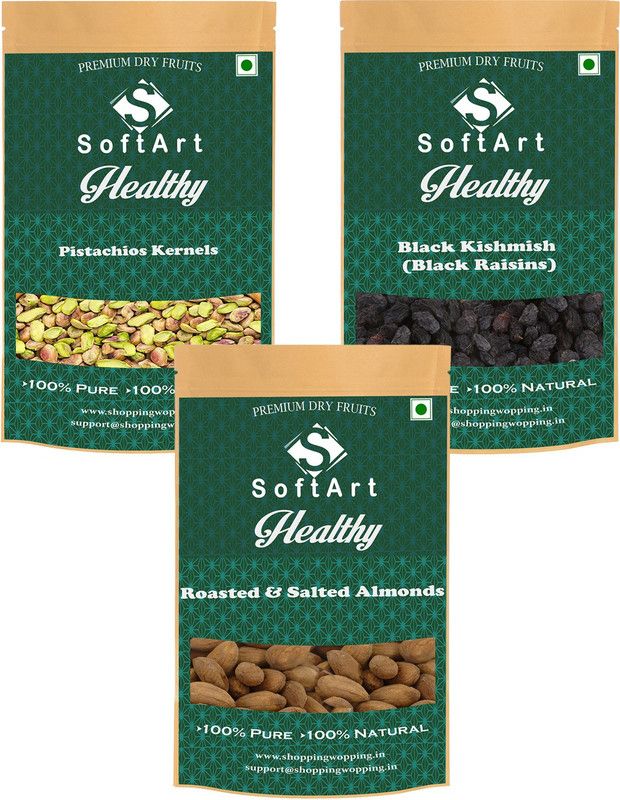 Soft Art Pistachios Kernels, Black Kishmish (Black Raisins) & Roasted & Salted Almonds (250g Each) Vaccum Pack Pistachios, Raisins, Almonds  (3 x 250 g)